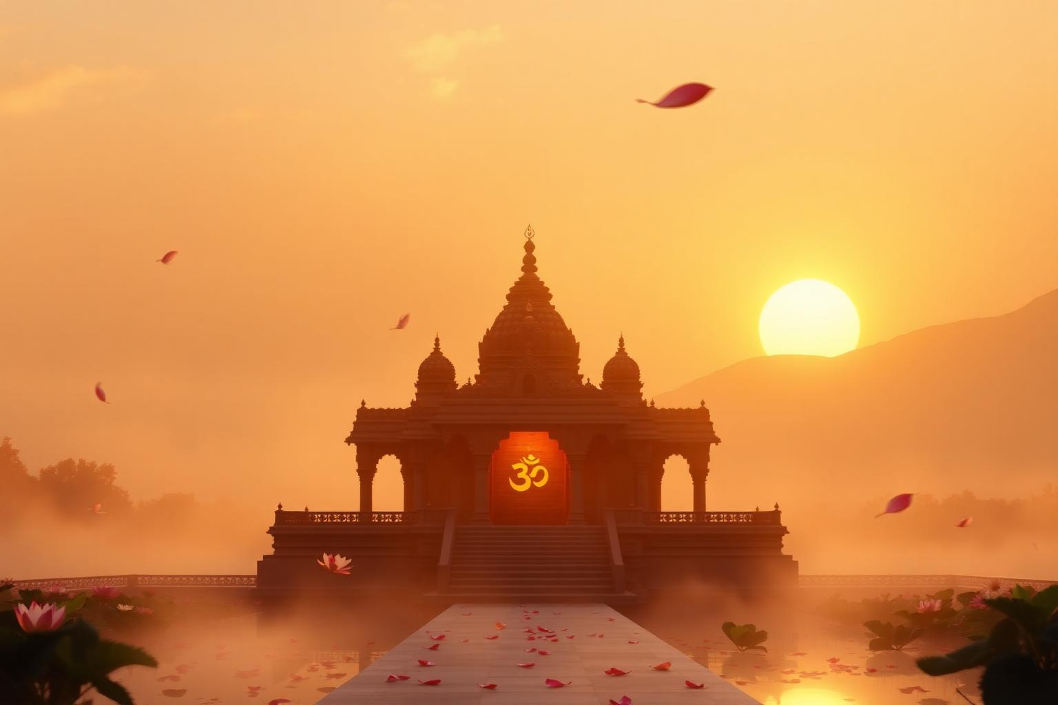 A serene Hindu temple at golden hour